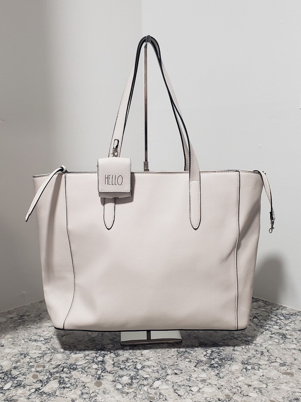 Rae Dunn White Pebbled Leather Tote Bag w/ Charm